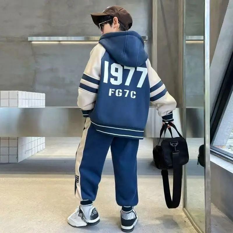 Herbst Winter Plus Samt Dicke Sets Jungen Gefütterter Pullover Hose Anzug Warmes Sportoutfit Kinder Sportkleidung 2St.