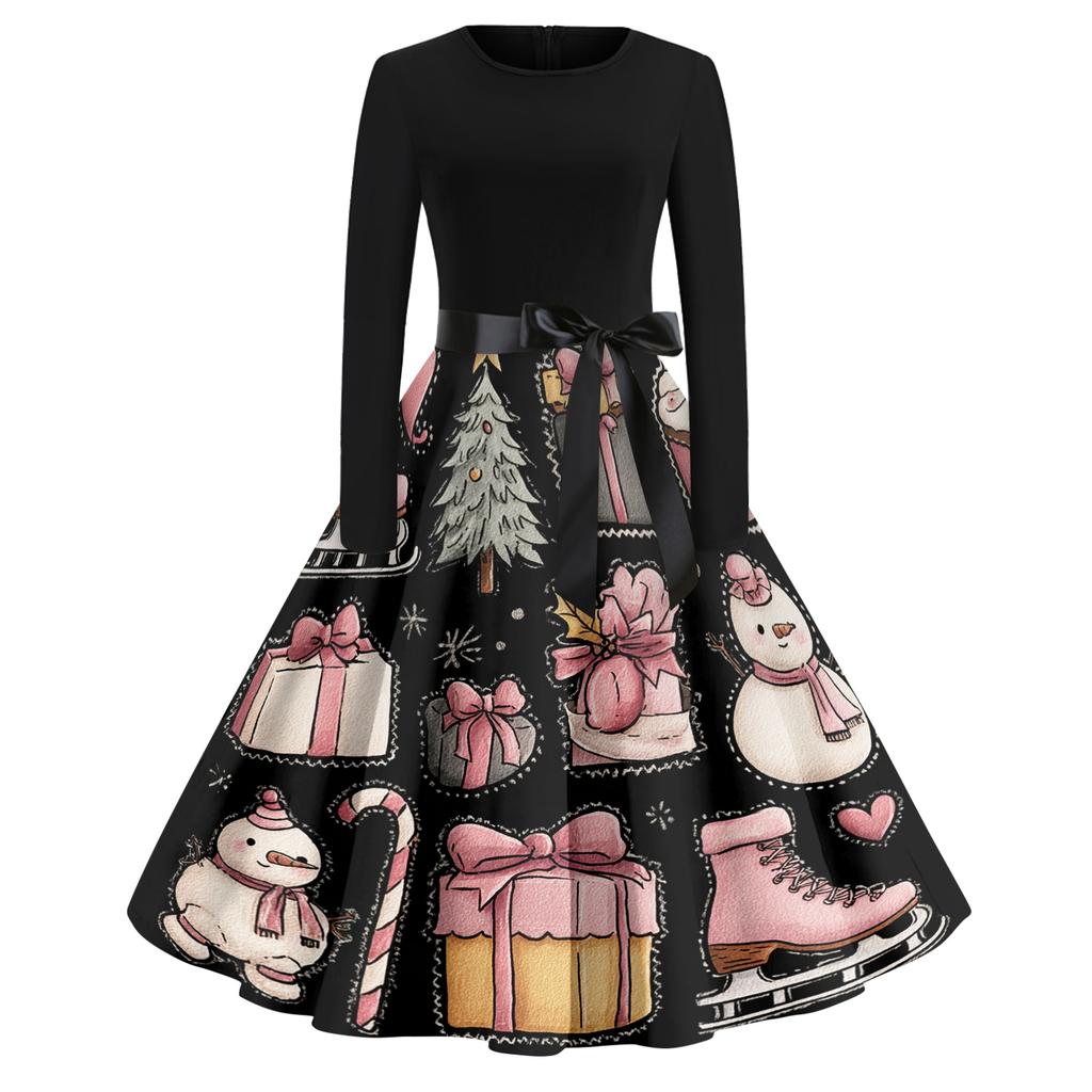 Women's Casual Fashion Round Neck Christmas Printed Vintage Dress