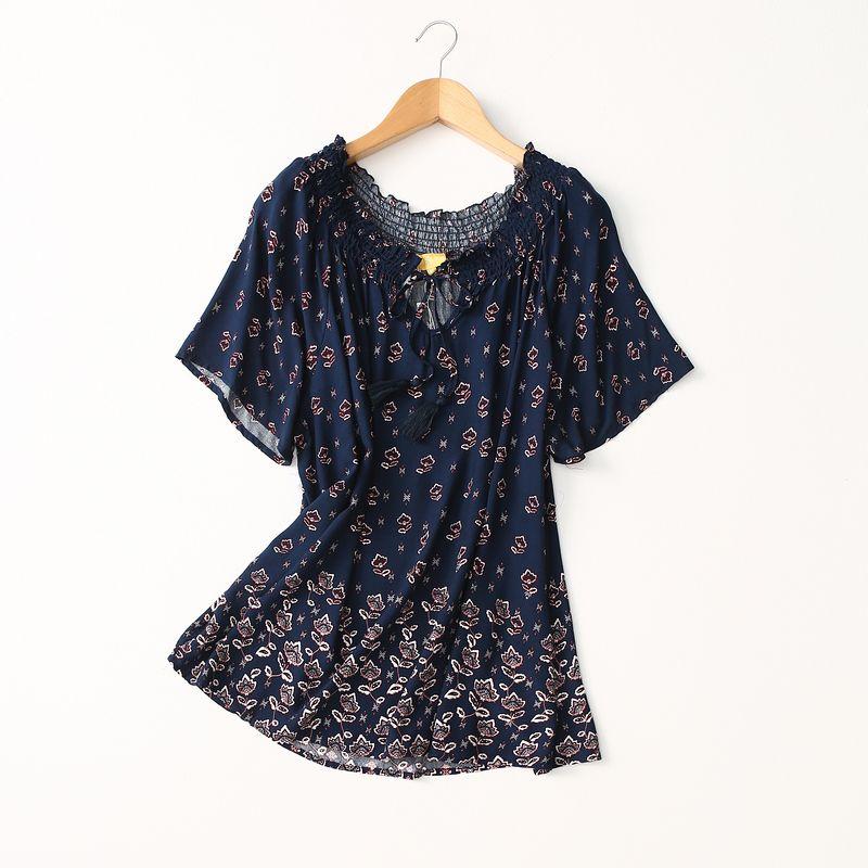 Export Plus Size Loose Retro Print Cotton Silk Shirt Women's Thin Lace Up Artificial Cotton Pullover Tops Mom Wear