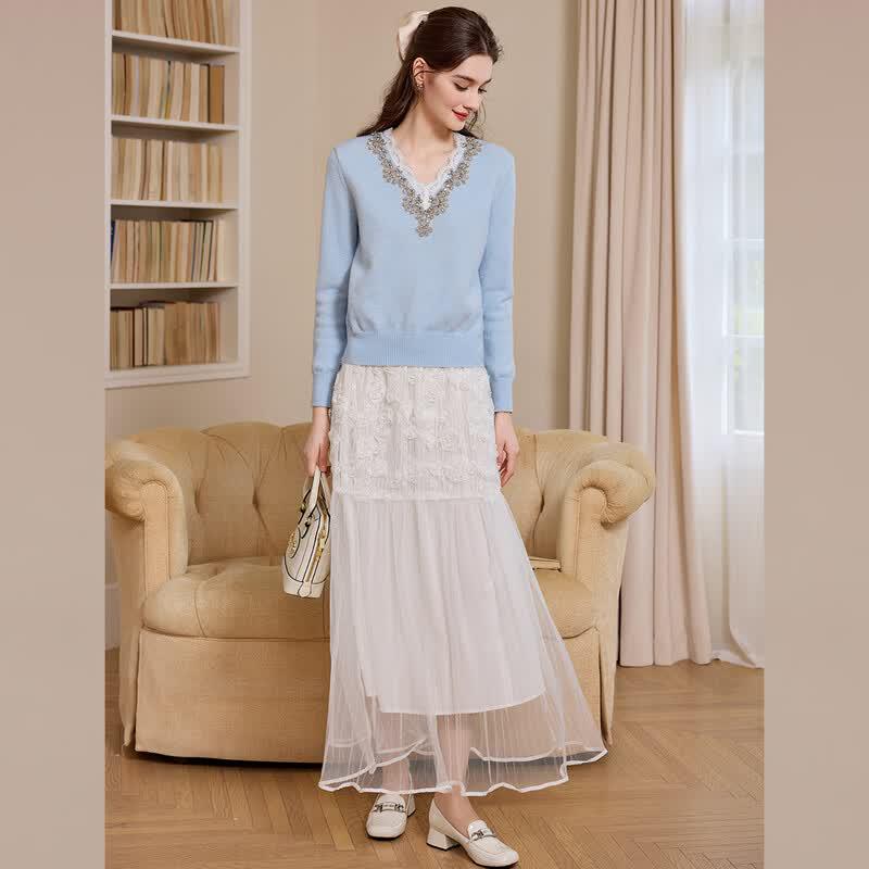 Bailuyu French Elegant V-Neck Beaded Knit Sweater