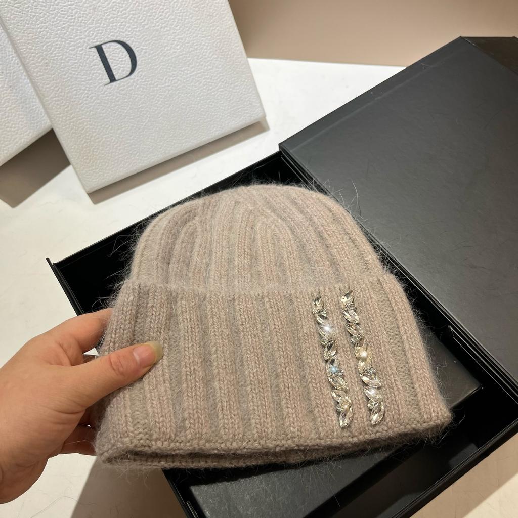 Paris Heavy Industry Light Luxury Rhinestone Knitted Hat Women'S Winter Outdoor Warm Rabbit Hair Wool Hat Wide Stripe Shows Small Face