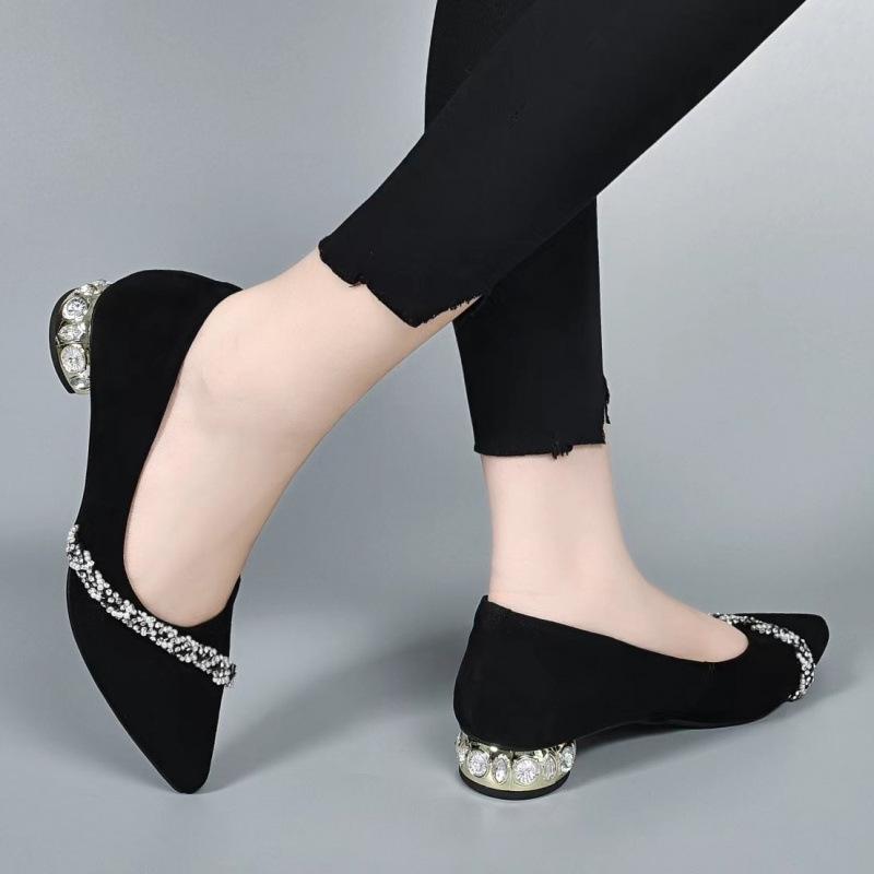 Damen-Pumps mit niedrigem Absatz, Strass, spitz, Leder, elegant, dicker Absatz, leichte Öffnung, Einzelspangen-Schuhe, Damen-Schuhe aus mattem Schafsleder, schwarz, Arbeitsschuhe