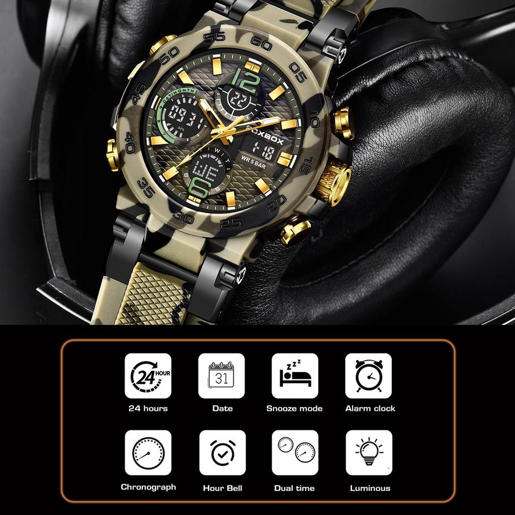 FOXBOX Orologio da Uomo Militare Mimetico Sportivo Orologio da Polso da Uomo Doppio Display Impermeabile Orologio Digitale da Uomo