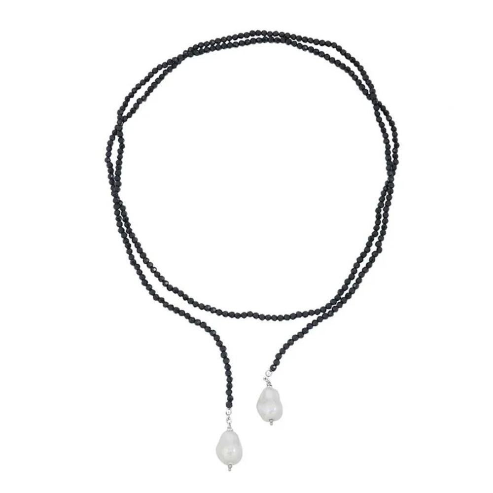 Sequins Rhinestone Neck Chain Black Green Long Necklace Vintage Imitation Pearl Pendant  Women Girl