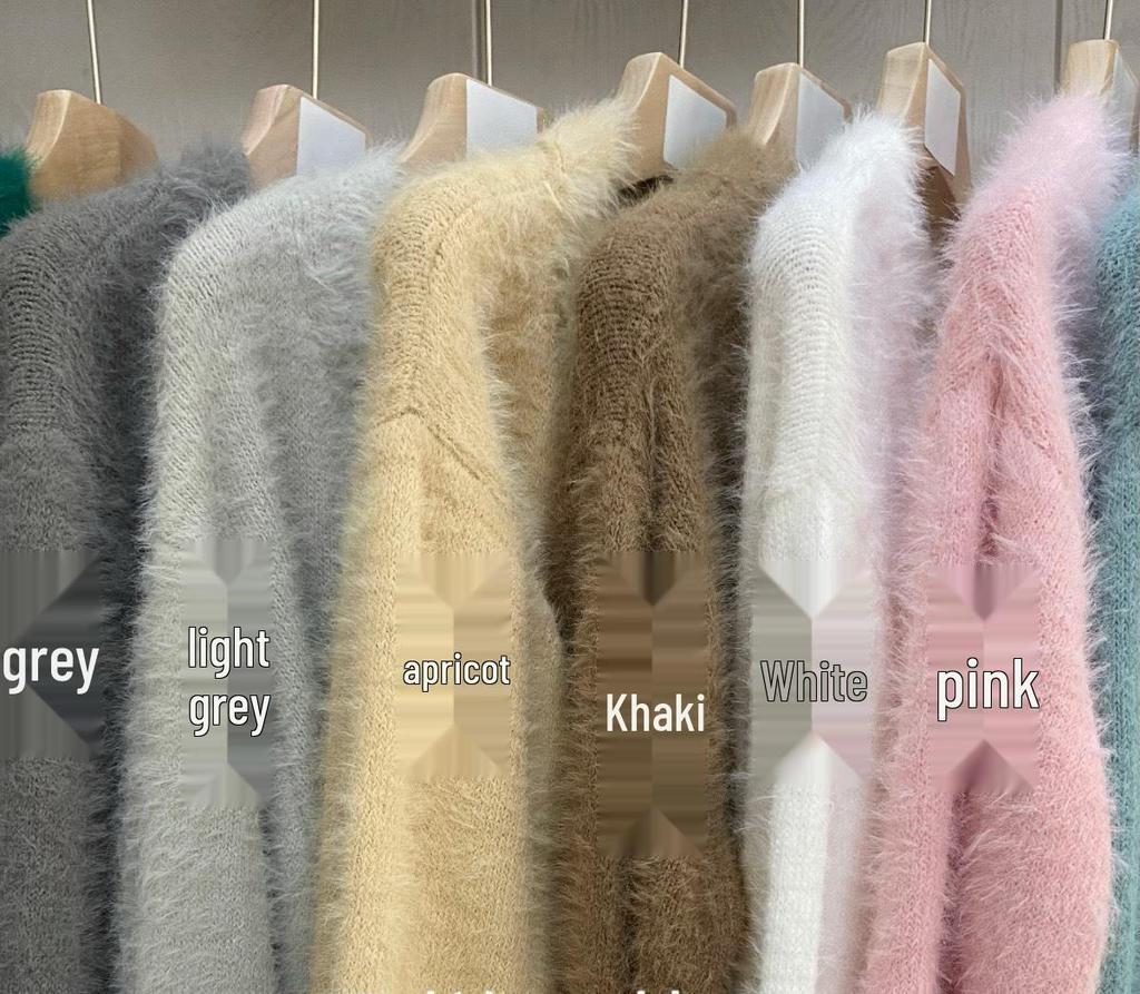 2024 Mink Hair V-Neck Cardigan: Loose Fit, Long Sleeve Sweater for Autumn/Winter Women