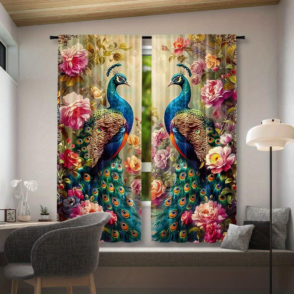 2Pcs Polyester Retro Peacock Floral Printing Window Curtains Birthday Party Decoration Backdrop Drapes for Living Room