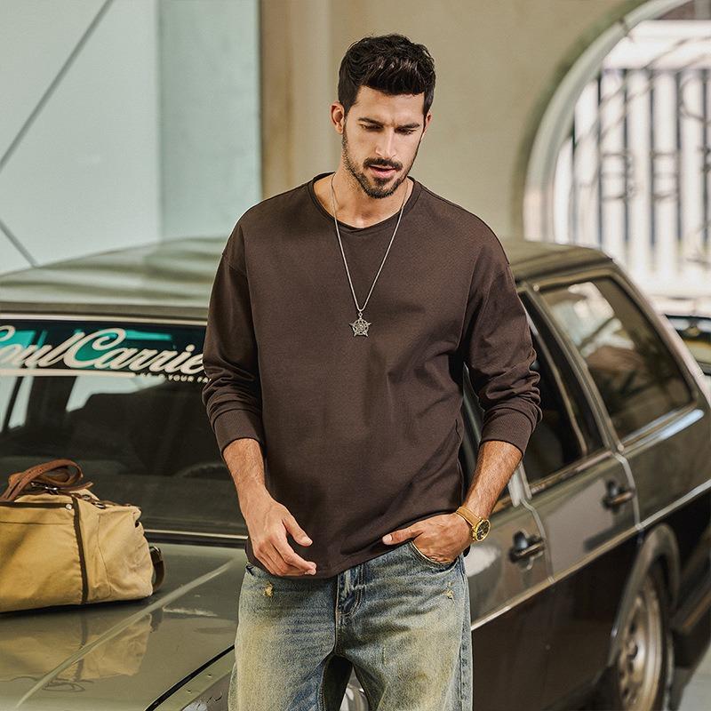 Men 100 Cotton Loose Long Sleeve Round Neck Casual Solid Vintage T Shirt