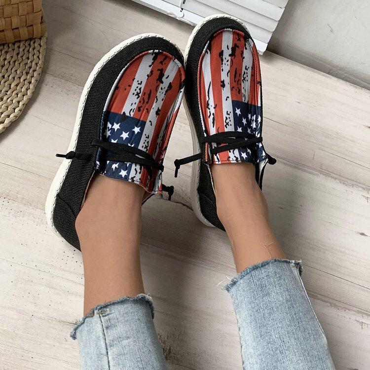Spring and Autumn Low-top Canvas Shoes Flat Heel Star Stripe Print Lace-up Women's Shoes Casual and Comfortable Single Shoes
