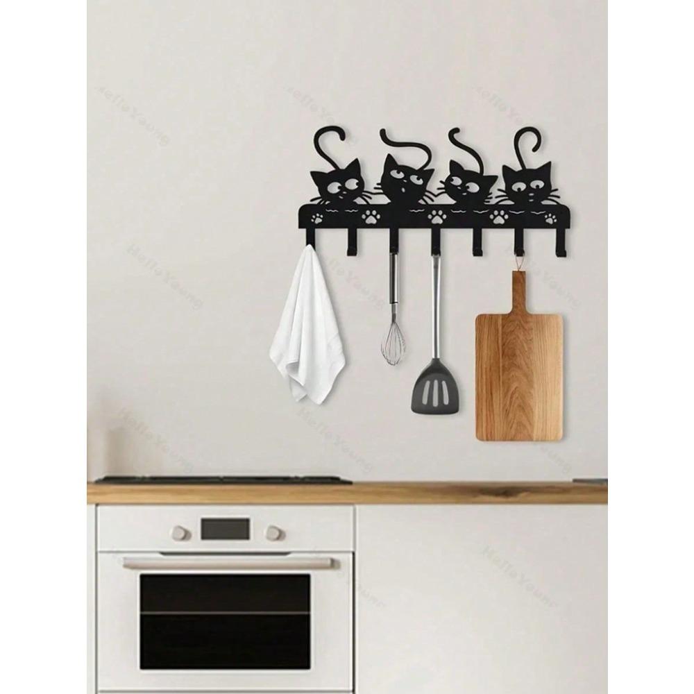 Black Metal Cat Hooks, Cute Kitten Wall Decor, Space Saving Wall Hooks for Hats Bags Towels, Entryway Bedroom Office Organization