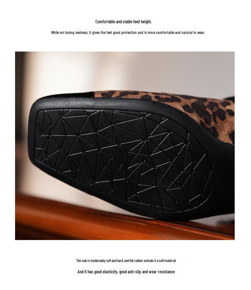 Leopard Print Cashmere Patchwork Square Toe Chunky Heel Mary Jane Shoes with Ankle Strap for Women - Spring/Autumn Retro Style.