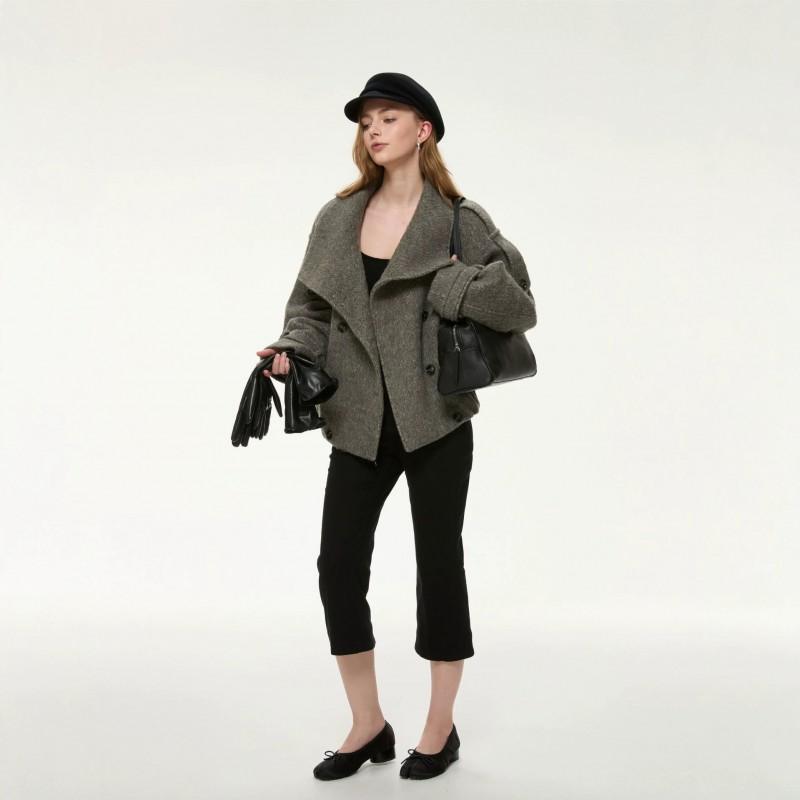 2026 Winter Womens Relaxed Fit Double-Breasted Wool Blend Coat Casual Stand Collar Outerwear Daily Wear