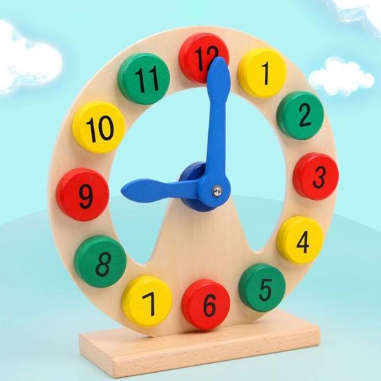 Kids Wooden Clock Toy Preschool Number Color Recognition Time Learning Clock Toddlers Educational Clock Teaching Aid with Movable Hands