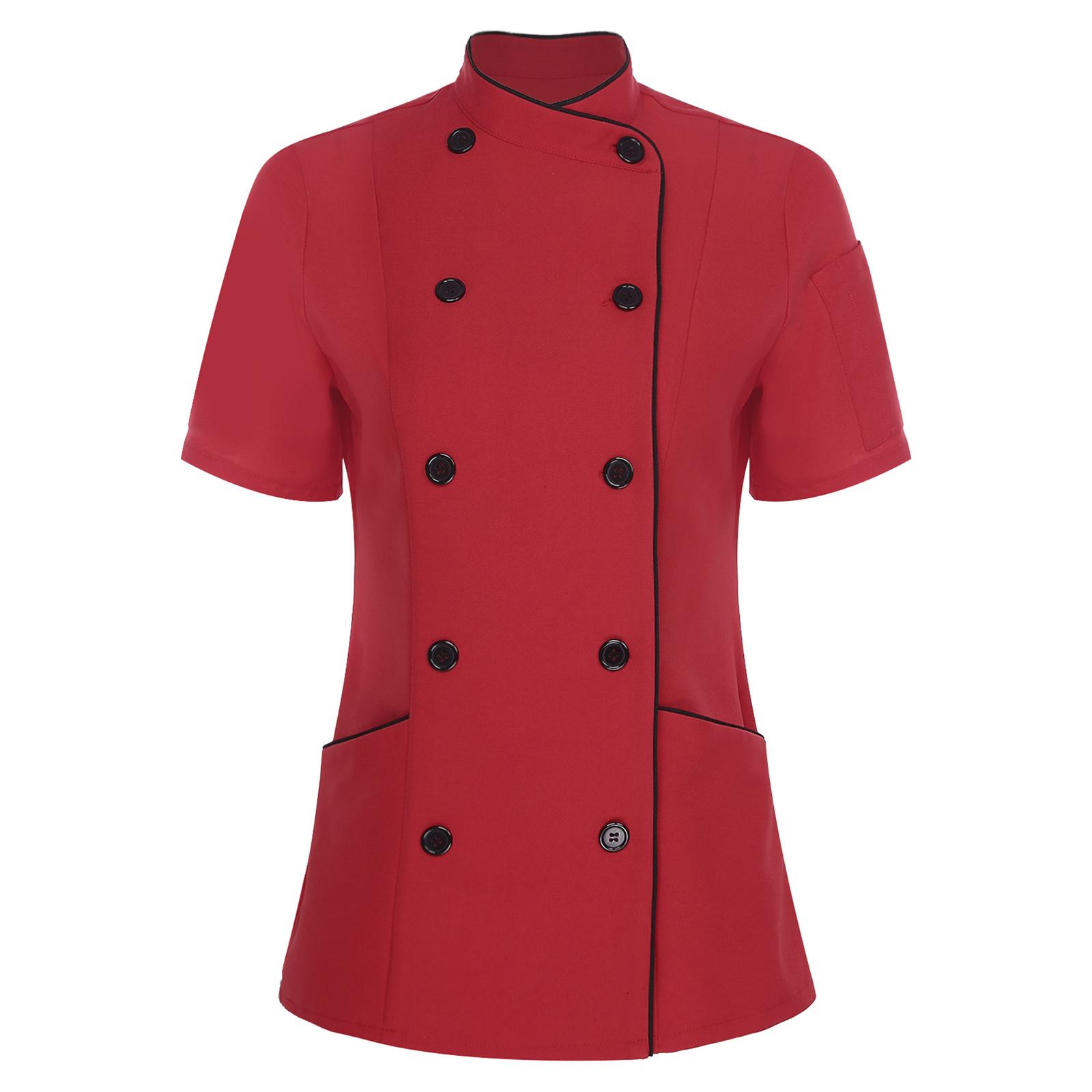 

Жіночий кухарський кітель з коротким рукавом, комір-кросовер, двобортний дизайн, професійний кухонний ресторанний халат XXL бордовий