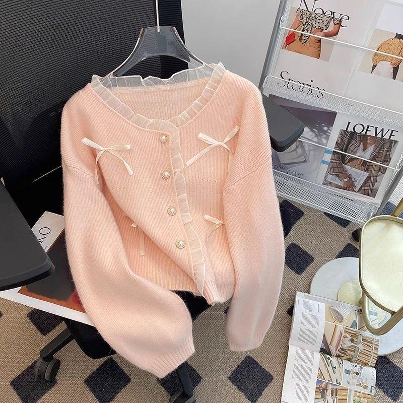 

Women s Light Blue Knit Cardigan Pearl Button Bow Decor Ruffled Trim Casual Top S рожевий
