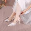 Fashion French White Lace Stiletto Heels Pointy Rhinestone Sequins Sexy One-Line Buckle With Bun Toe Sandals For Women