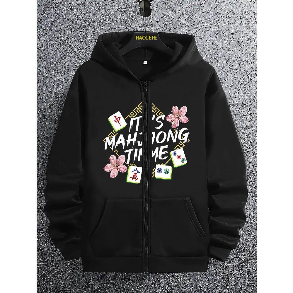 

Men s Casual Fashion Trend Creative Mahjong Flower Letter Pattern Print Zipper Hoodie Pattern Hooded Sweatshirt Men s Top XL
