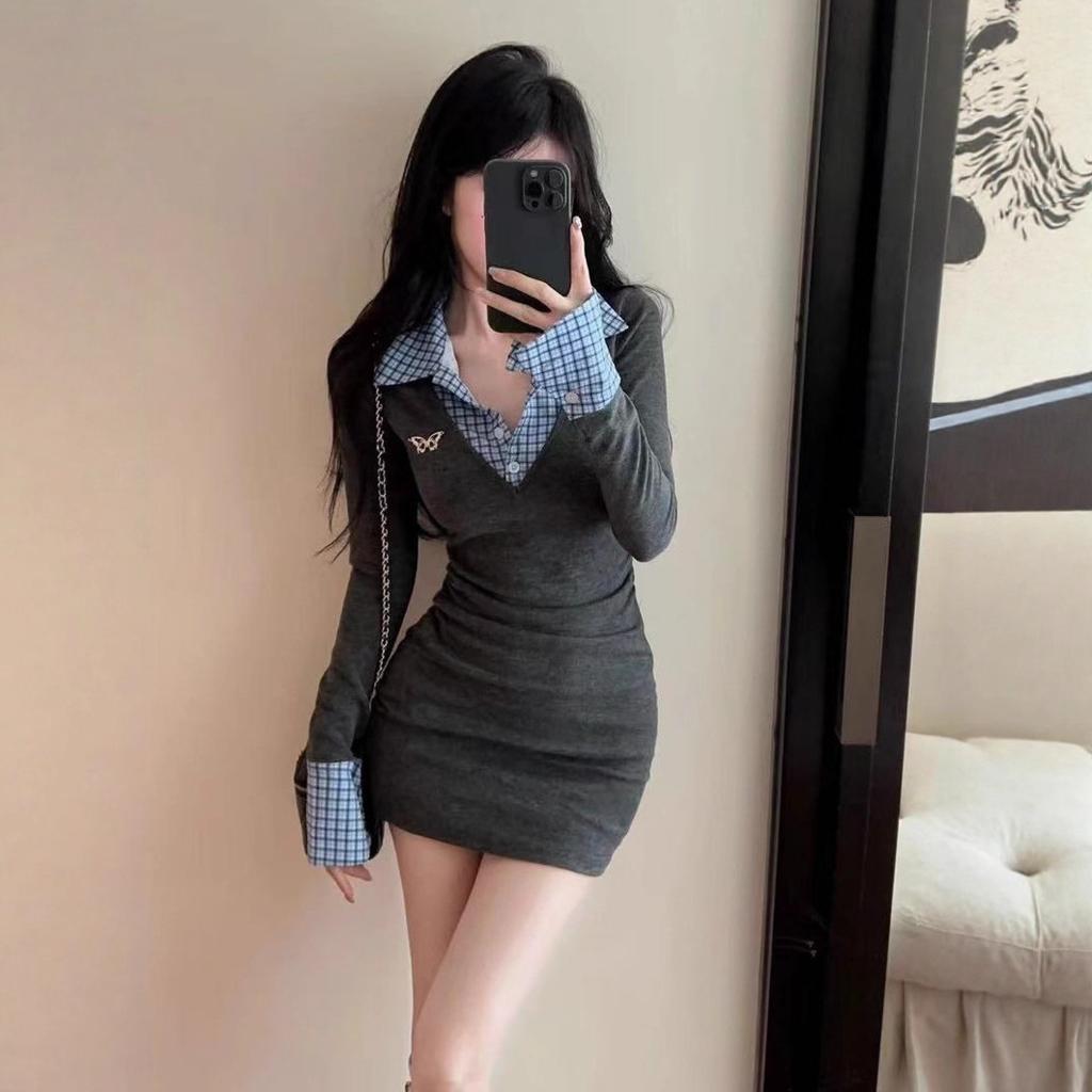 American Spice Girl niche fake two-piece gray knitted dress women's autumn temperament inner slim-fitting hip-wrapped short skirt