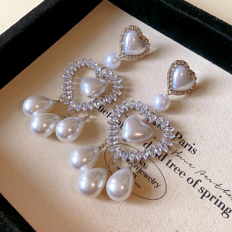 Zircon Inlaid Zircon Pearl Earrings for Women Fashionable Heart Drop Earring Personalized High-end Luxury Designer Zircon