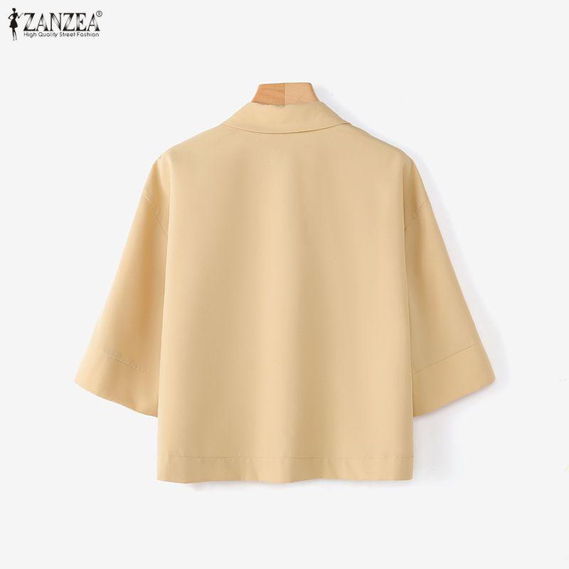 ZANZEA Womens 3/4 Sleeve Lapel Button Down Loose Cropped Shirt Blouse