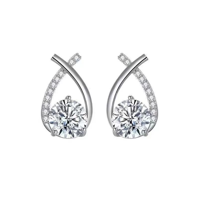 925 Silver Needle Korean Fashion Zircon Geometric Earrings For Women Jewelry Trending Luxury Crystal Cross Stud Earrings