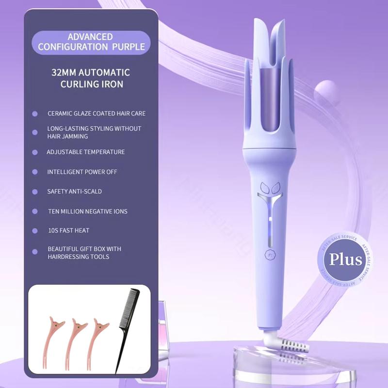 

Automatic Curling Iron 32 mm Big Roll Anion Ceramic Hair Curler 4-Speed Adjustable Fast Heating Fashion Styling Tools US Plug фіолетовий