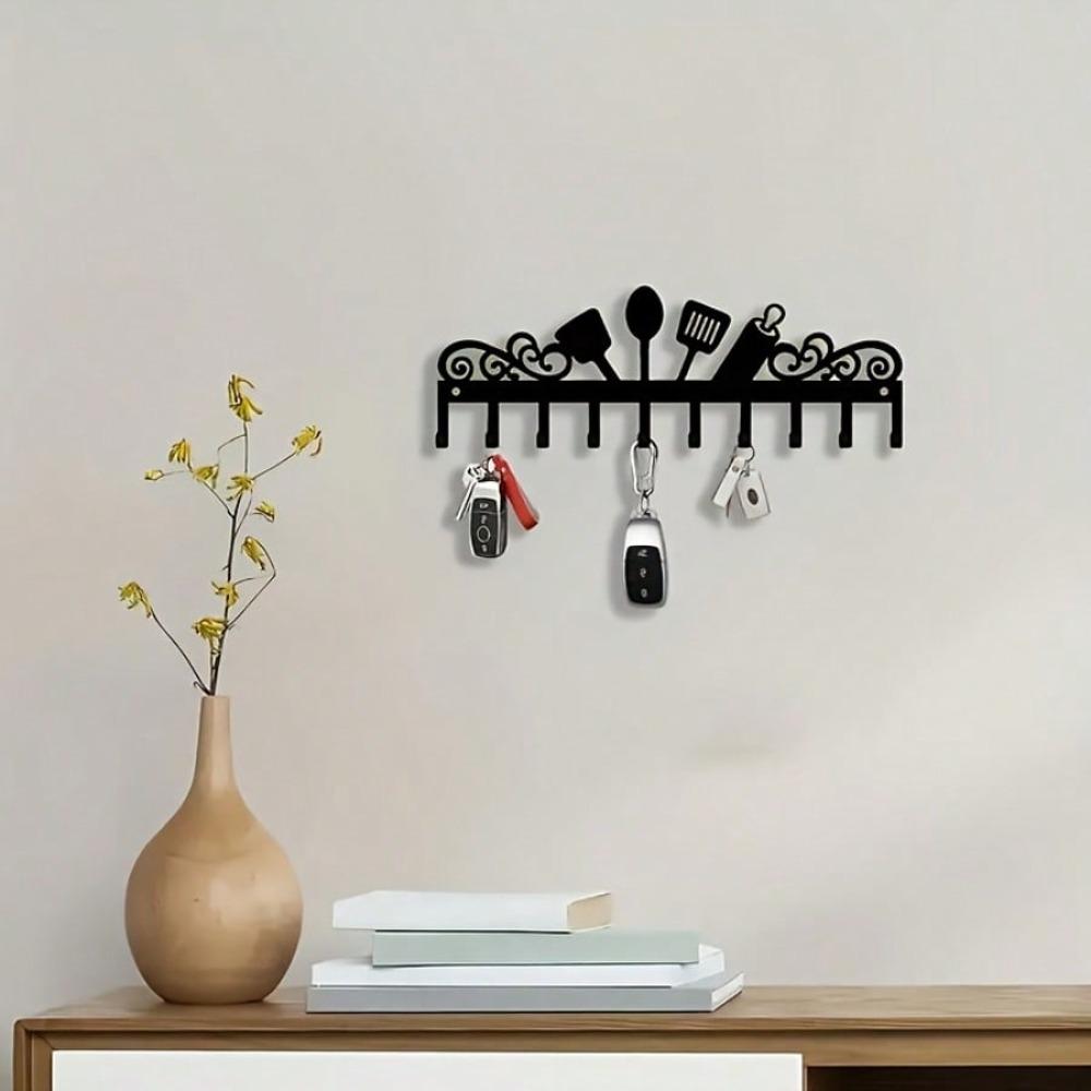Metal Key Holder Wall Mount Black Kitchen Organizer 10 Hooks Elegant Silhouette