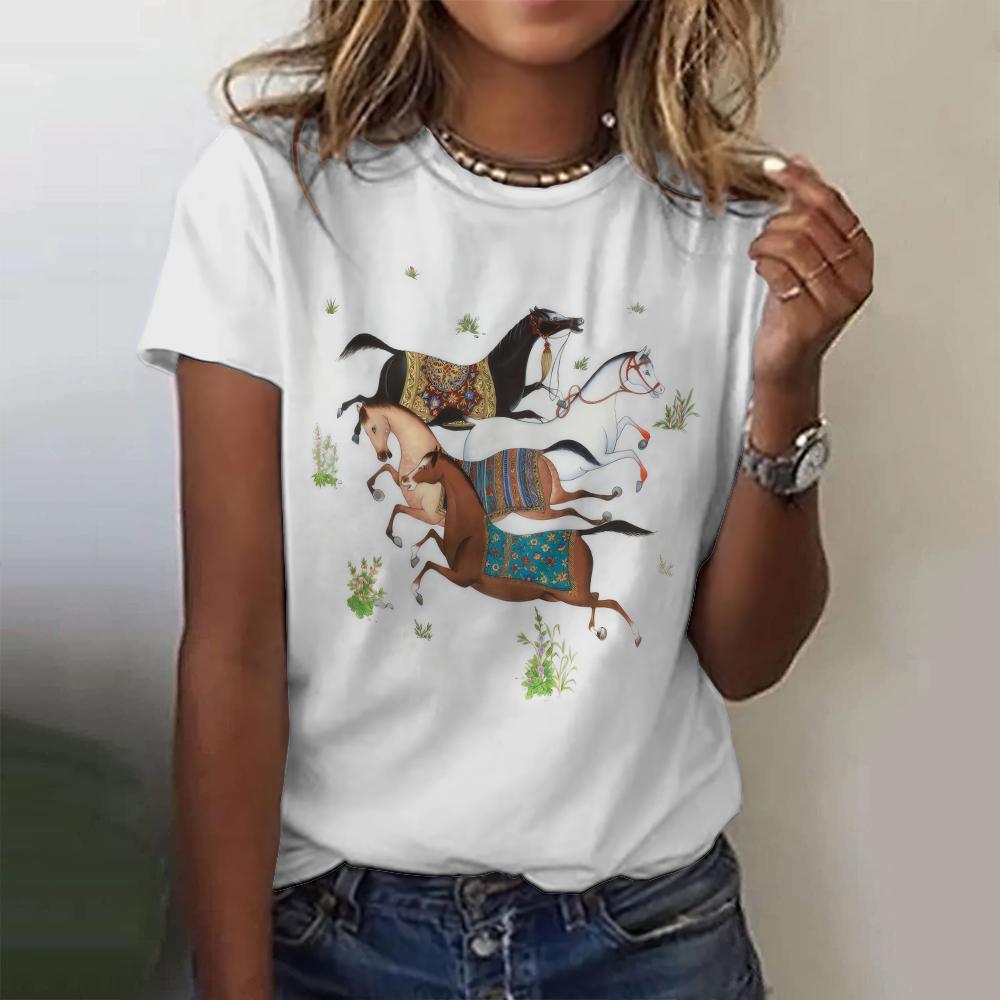 New Vintage Women Summer Cartoon Horse Print T-Shirt Oversized Women's Trending Clothing Fashion Short Sleeve Shirt Crew Top