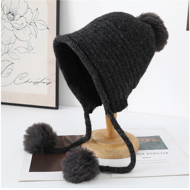 Korean Hairball Strap Solid Color Double-Layer Knitted Bomber Hat Women Simple Casual Versatile Cute Wool Pompom Beanie Cap