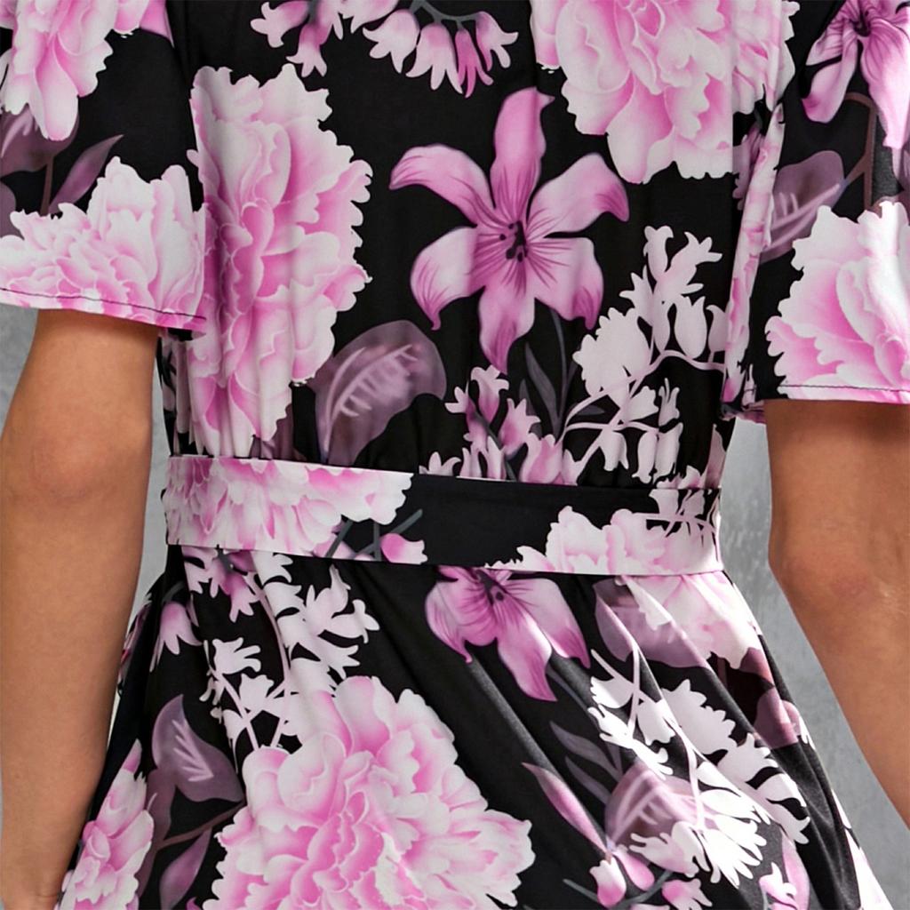 Women's Dresses Printed V-Neck Waisted Mid-Length Short Sleeve Dresses
