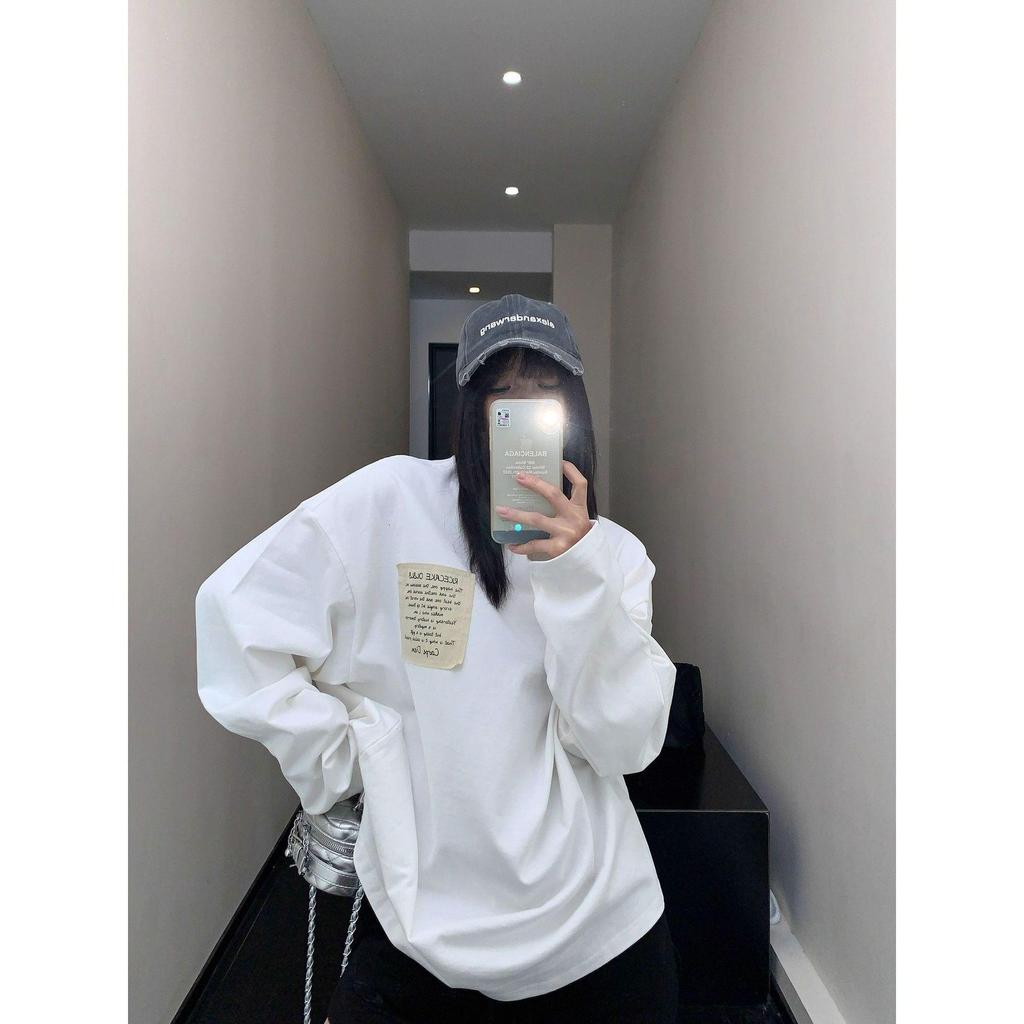 2025 New Arrival: European-Style White Long-Sleeve Women's T-Shirt, Mid-Length Loose Fit, Pure Cotton Base Layer for Autumn/Winter