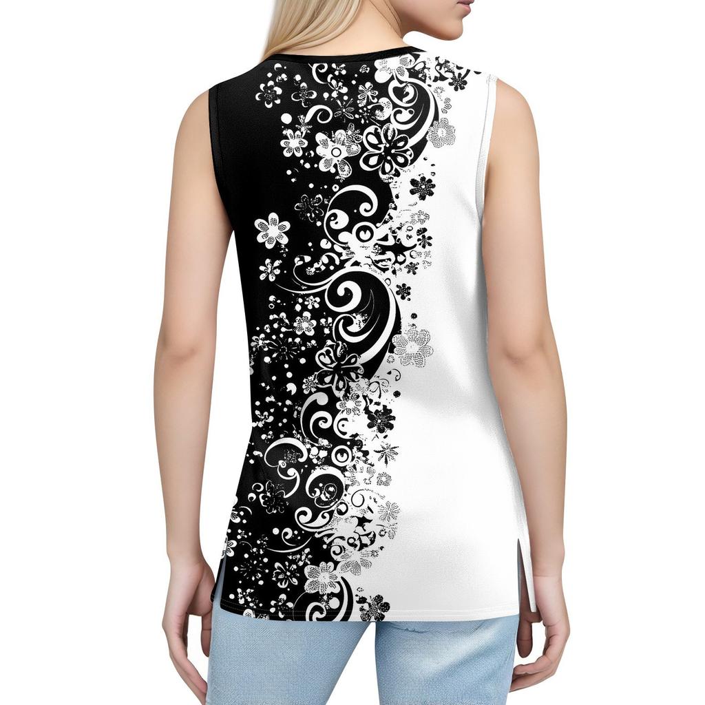 Maiou de damă cu imprimeu, cu nasturi, cu gât în V, fără mâneci, larg, top la modă