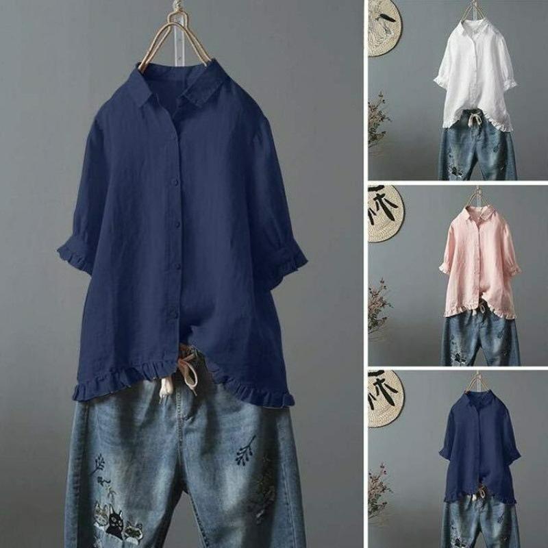 Cotton and Linen Casual Single-breasted Ruffled Short-sleeved Shirt Women