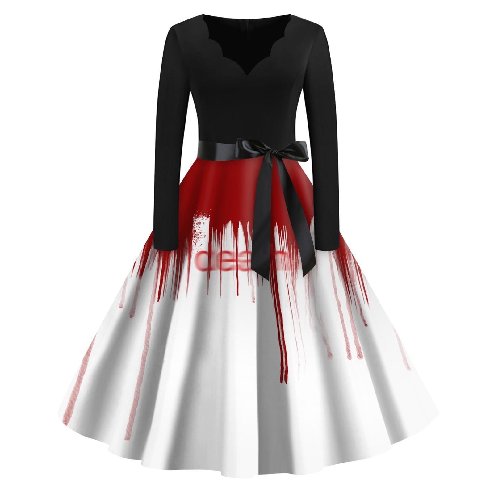 

Женское винтажное классическое платье с вырезом на талии и галстуком-бабочкой с длинными рукавами на Хэллоуин с принтом и V-образным вырезом, свободное платье XL киноварь