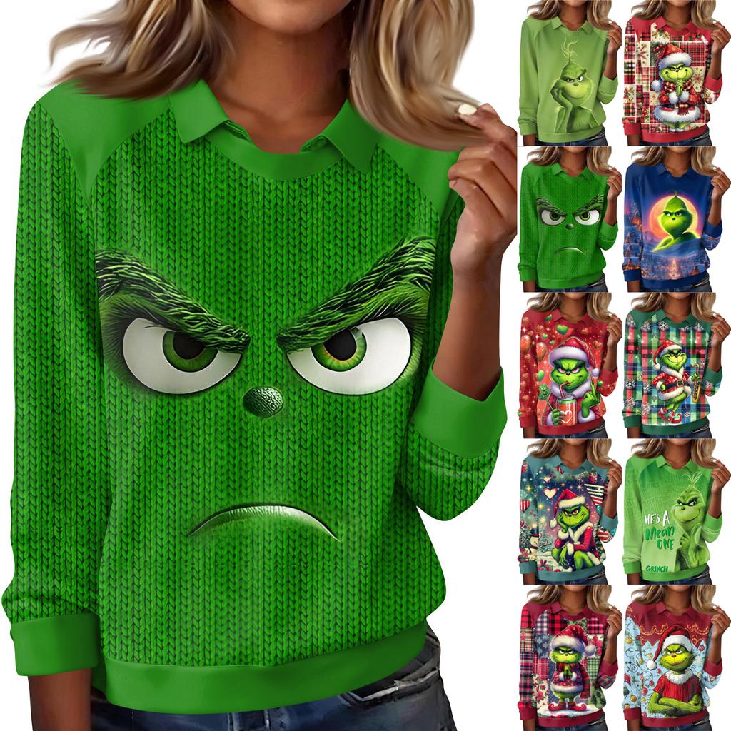 Damenmode Weihnachts-Print Revers Langarm Lässiges Rundhals-T-Shirt Top