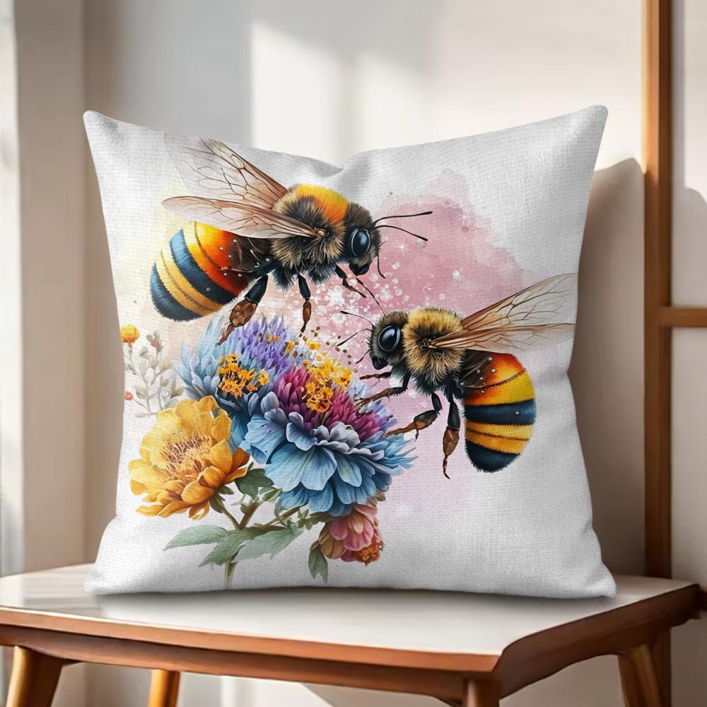 

Watercolor beeflowers Cushion Cover Natural Linen Organic Fabric DoubleSided Printing Couch Pillow Covers Home Decor 30x30cm