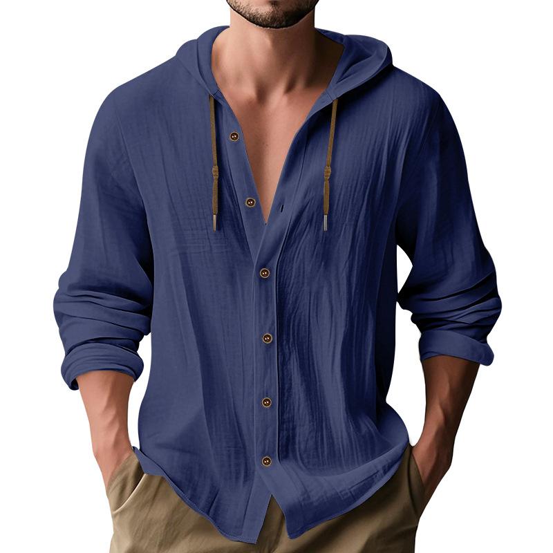 Men's Linen Blend Hooded Button Down Shirt Casual Long Sleeve