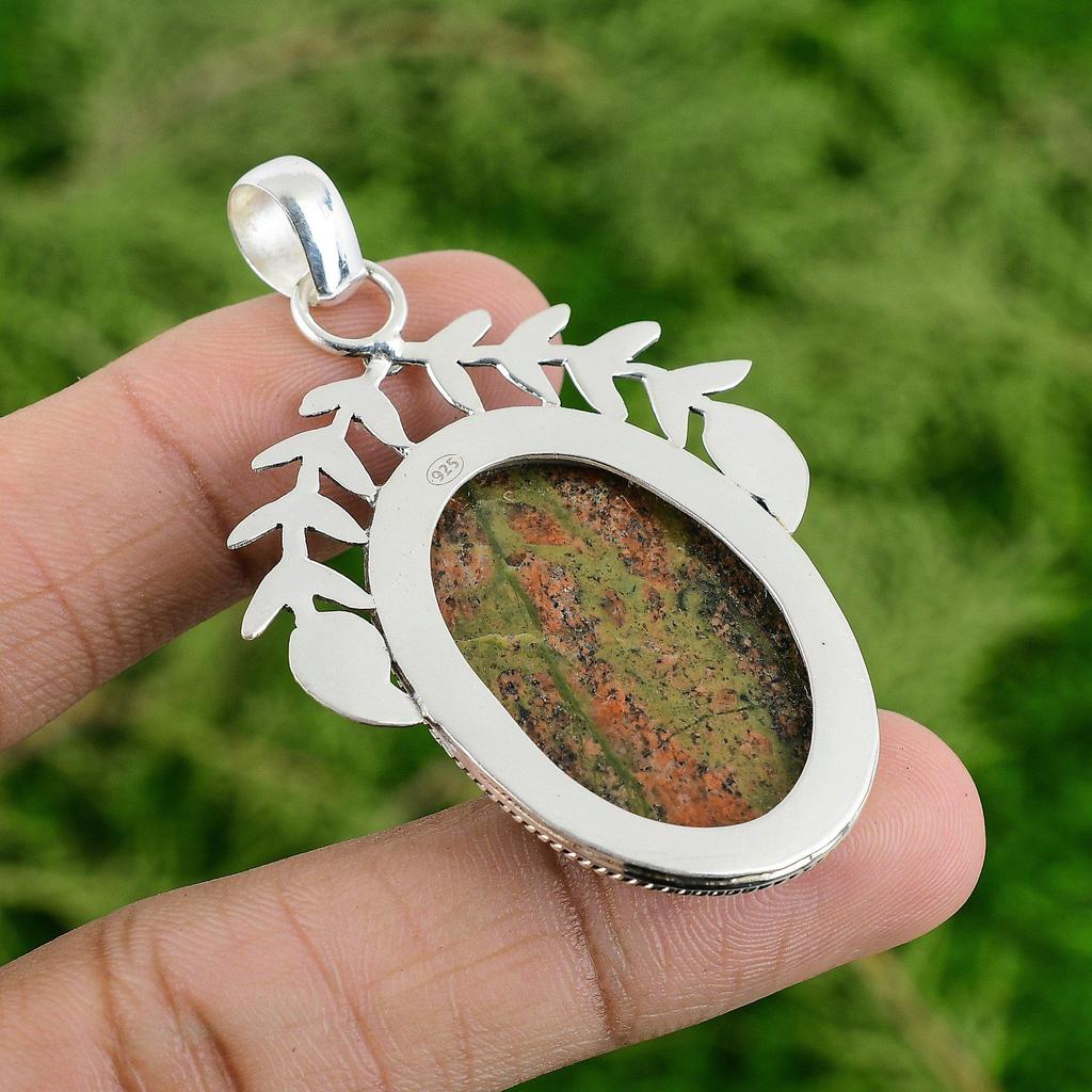 Daughters Day Sale Unakite Gemstone Wife Bezel Boho Pendant 925 Sterling Silver