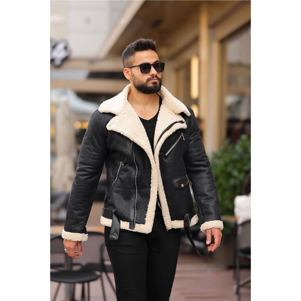 Laminated Leather Double-breasted Coat With Complete Fur Inside