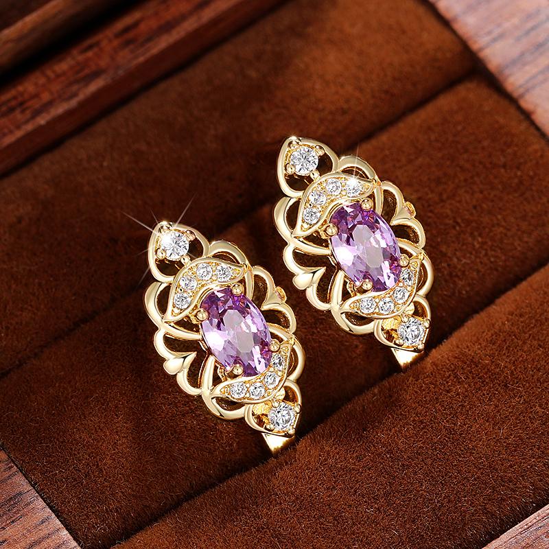 Huitan Aesthetic Women's Hoop Earrings Hollow Pattern Oval Purple CZ Elegant Female Earrings Anniversary Party Trendy Jewelry