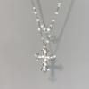 2Pc Women Layered Cross Heart Pendant Necklace Silver‑Tone Full Crystal On Bling Necklace Hip‑Hop Trendy Statement Jewelry