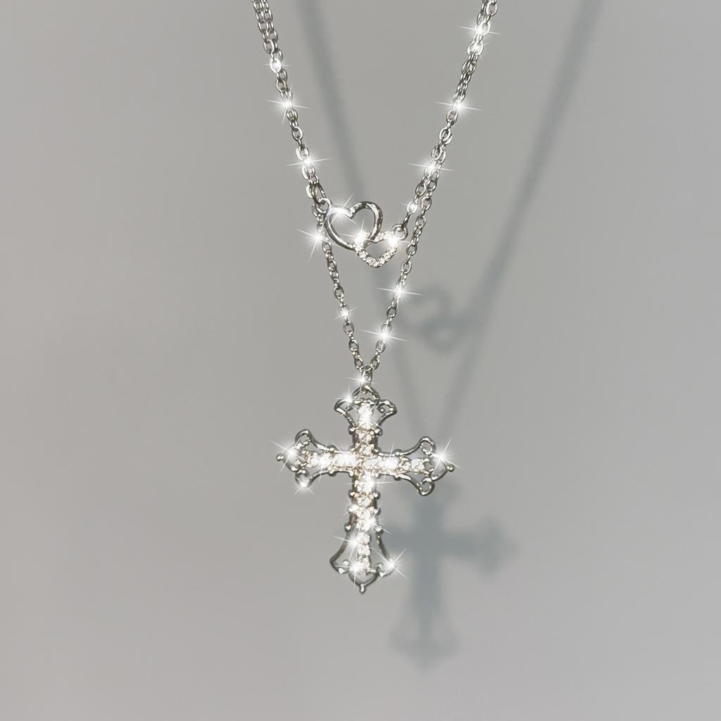 2Pc Women Layered Cross Heart Pendant Necklace Silver‑Tone Full Crystal On Bling Necklace Hip‑Hop Trendy Statement Jewelry