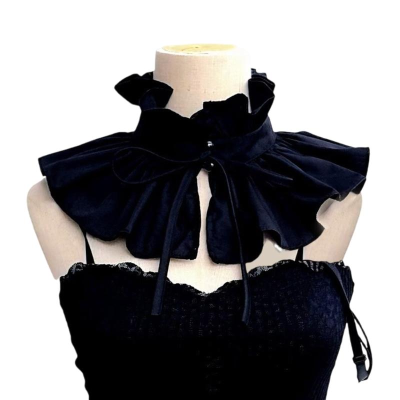 Vintage Ruffle Stand False Collar with Ribbon Tie for Women Victorian Detachable Neck Ruff Decorative Shawl Cape Boleros