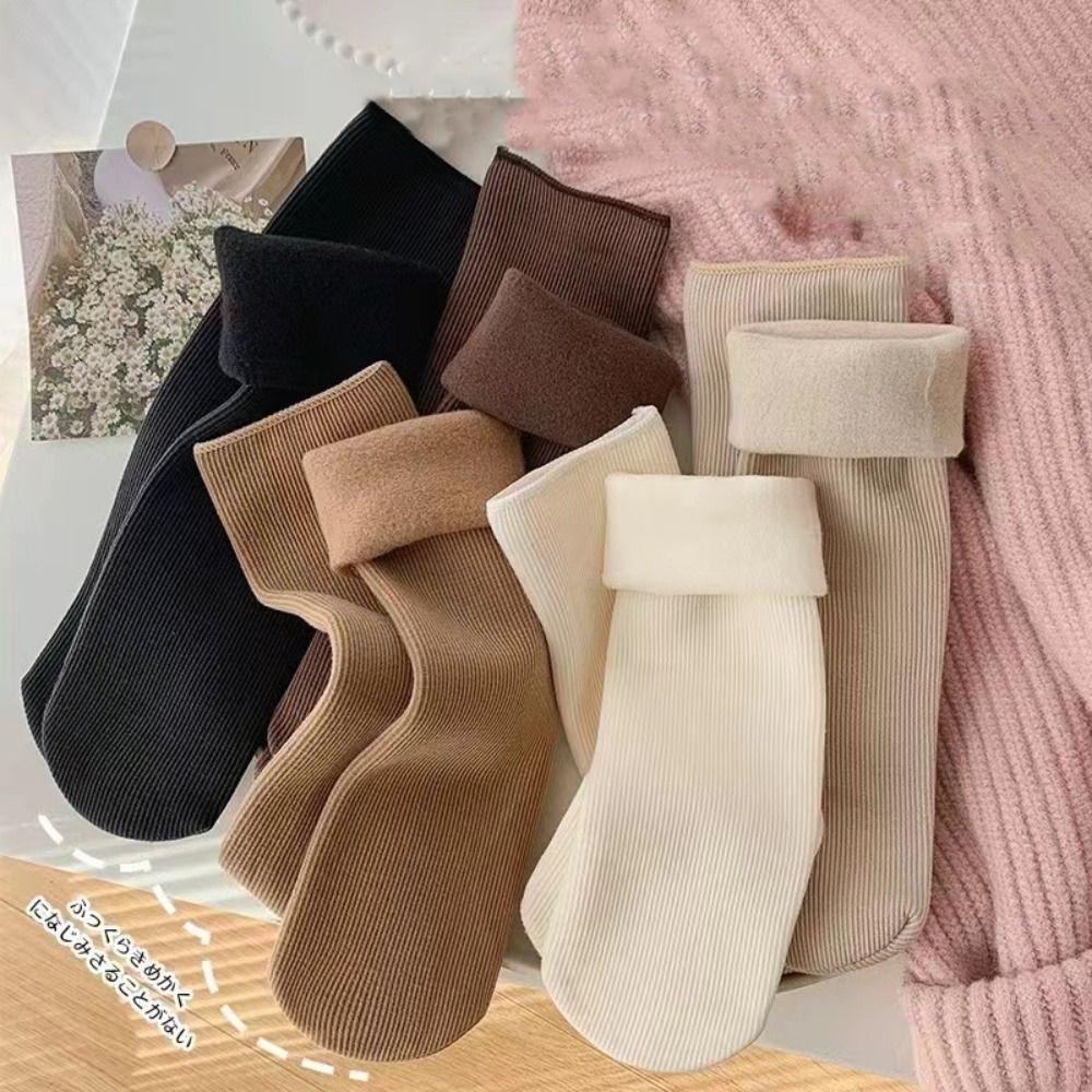 5Pairs Solid Color Thicken Warm Socks Stripe Winter Socks Women Thermal Mid Length Socks  Hosiery