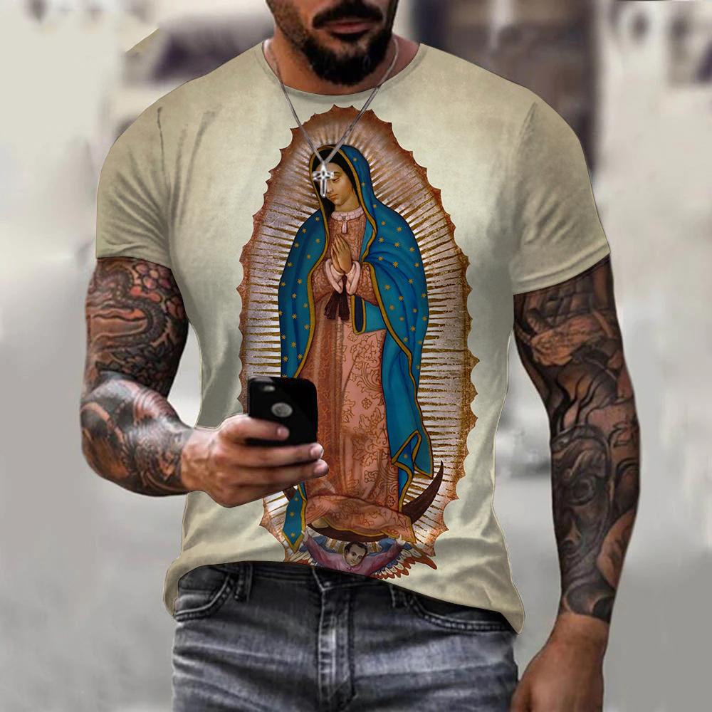 Summer Round Neck 3D Guadalupe Virgin Mary Catholic Print Top Fashionable Casual Short Sleeved Men's T-shirts