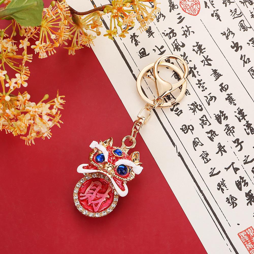 Chinese Fortune Lion Head Keychain with Rhinestones - Lion Dance Foshan Cultural Gift