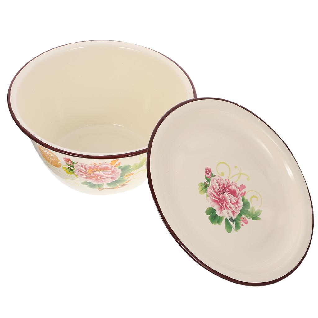 1 Set 20cm 2L Vintage Enamel Basin with Plain Lid Old-Style Retro Enamelware,Kitchen Mixing/Serving/Oil Storage Bowl,Home