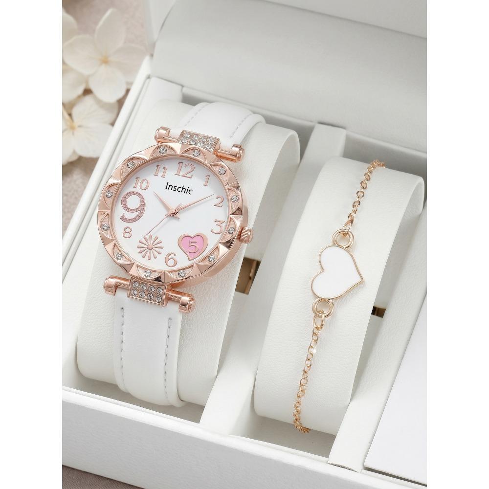 Light Luxury Women's Watch Set, Rose Gold Case with Diamond Bezel, Simple Casual Belt Watch