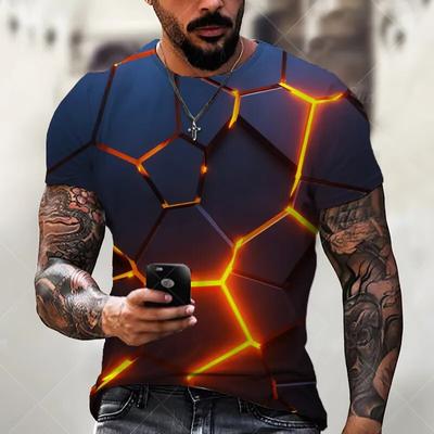 Summer Men's New T-Shirt Oversized Loose Clothes Retro Short Sleeve Fashion Tech Square 3D Pattern Street 0 Neck Top