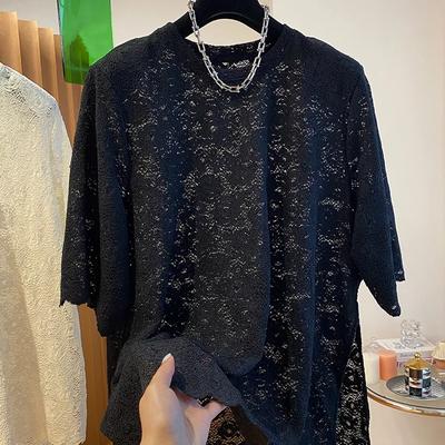 Haut d'été décontracté à col rond et manches courtes pour femmes Plus T-shirt en dentelle crochetée version coréenne