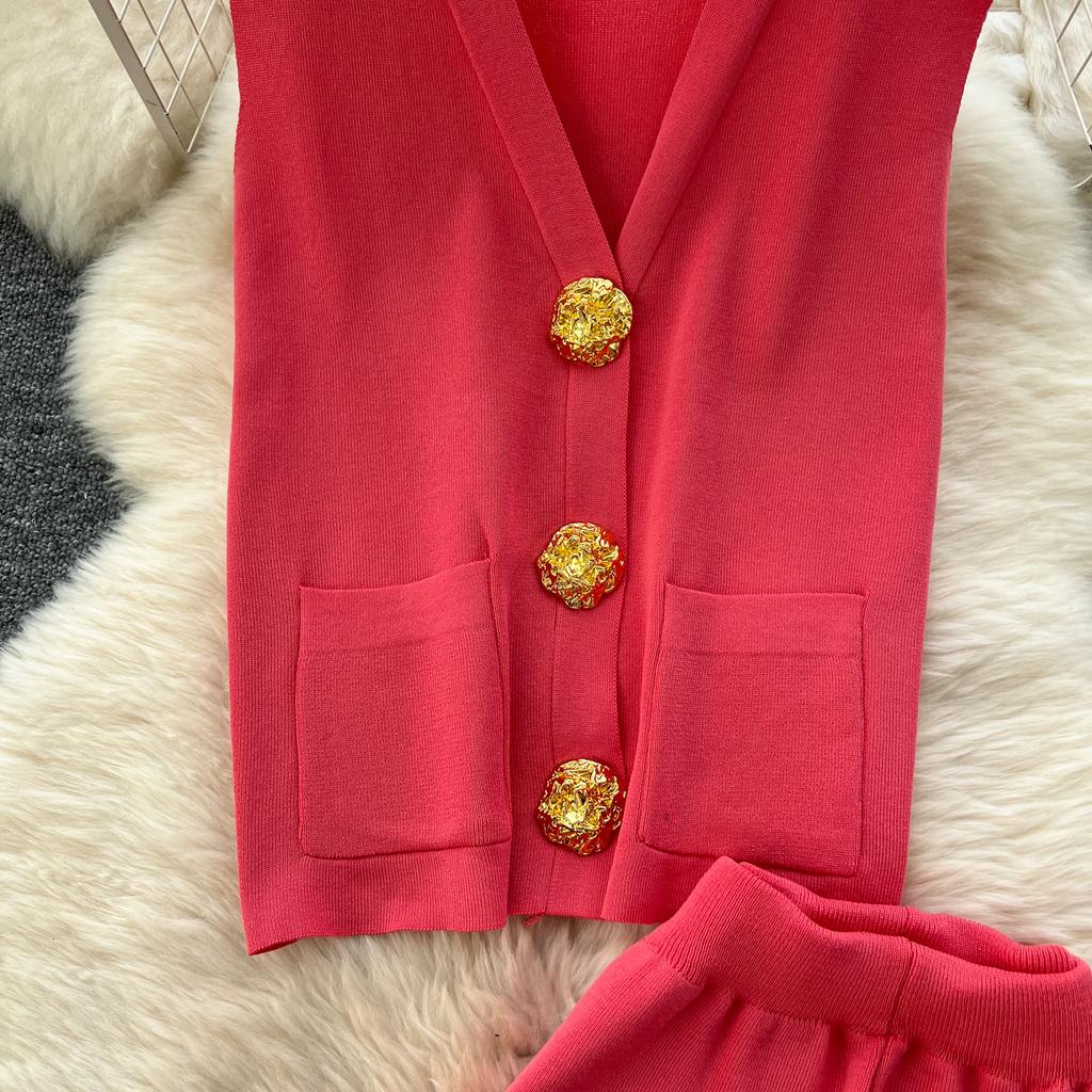 Summer Women Knitted Sweater Tracksuit Sleeveless Big Gold Button Tank Vest Tops and Wide Leg Pant Two Piece Set